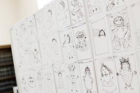 Drawings hung on a board